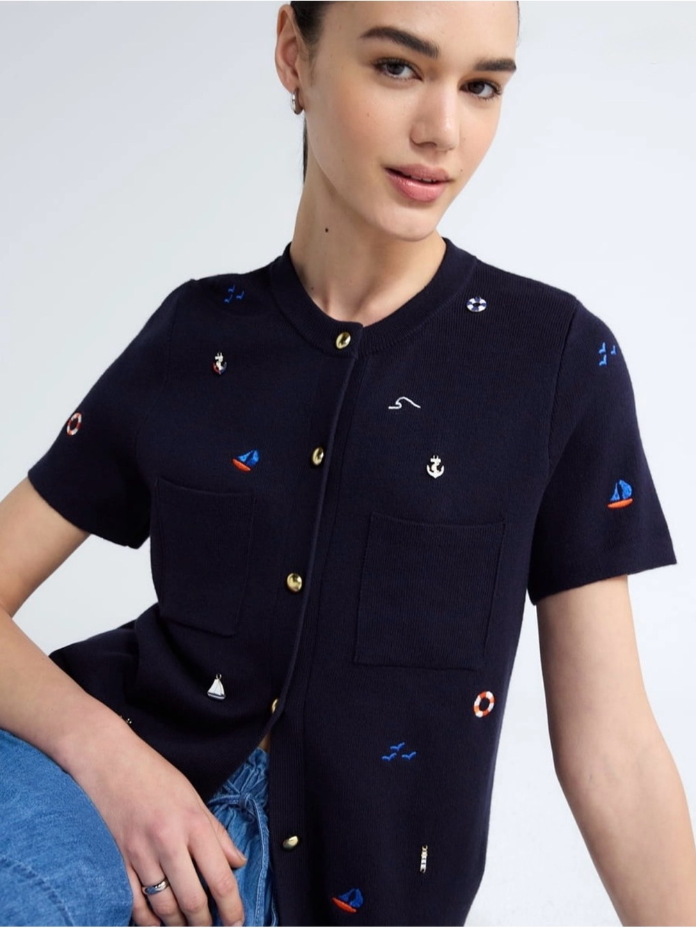 Free Assembly Short-Sleeve Navy Embroidered Cardigan with Gold Buttons